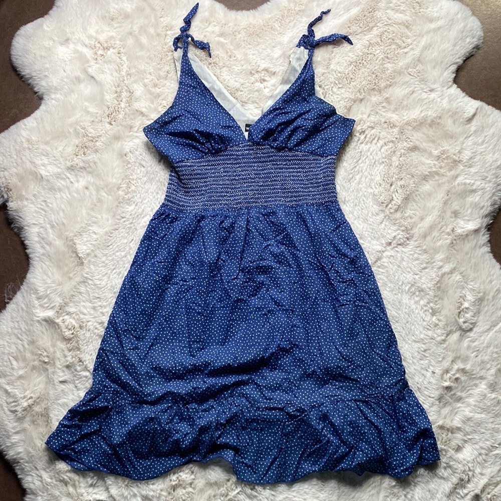 Wet Seal dress blue with white polkadots. Size: large. Stretchy pleated waist.